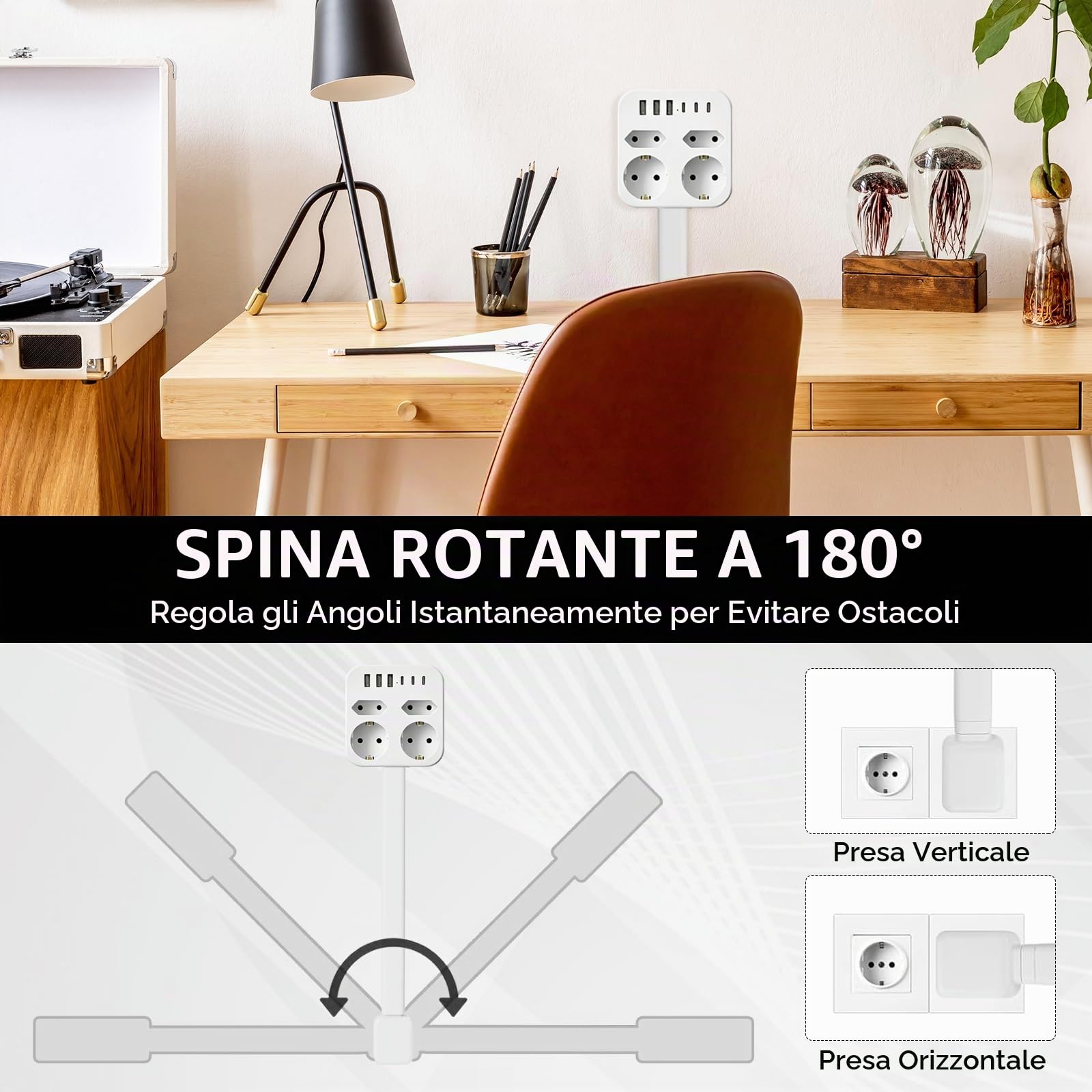 Presa Rotante Estensibile (47-67 cm), con Porte USB-A/USB-C e 3 Prese AC, Rotazione 360°, Ideale per Divano, Comodino e Dietro ai Divani (Piazza)