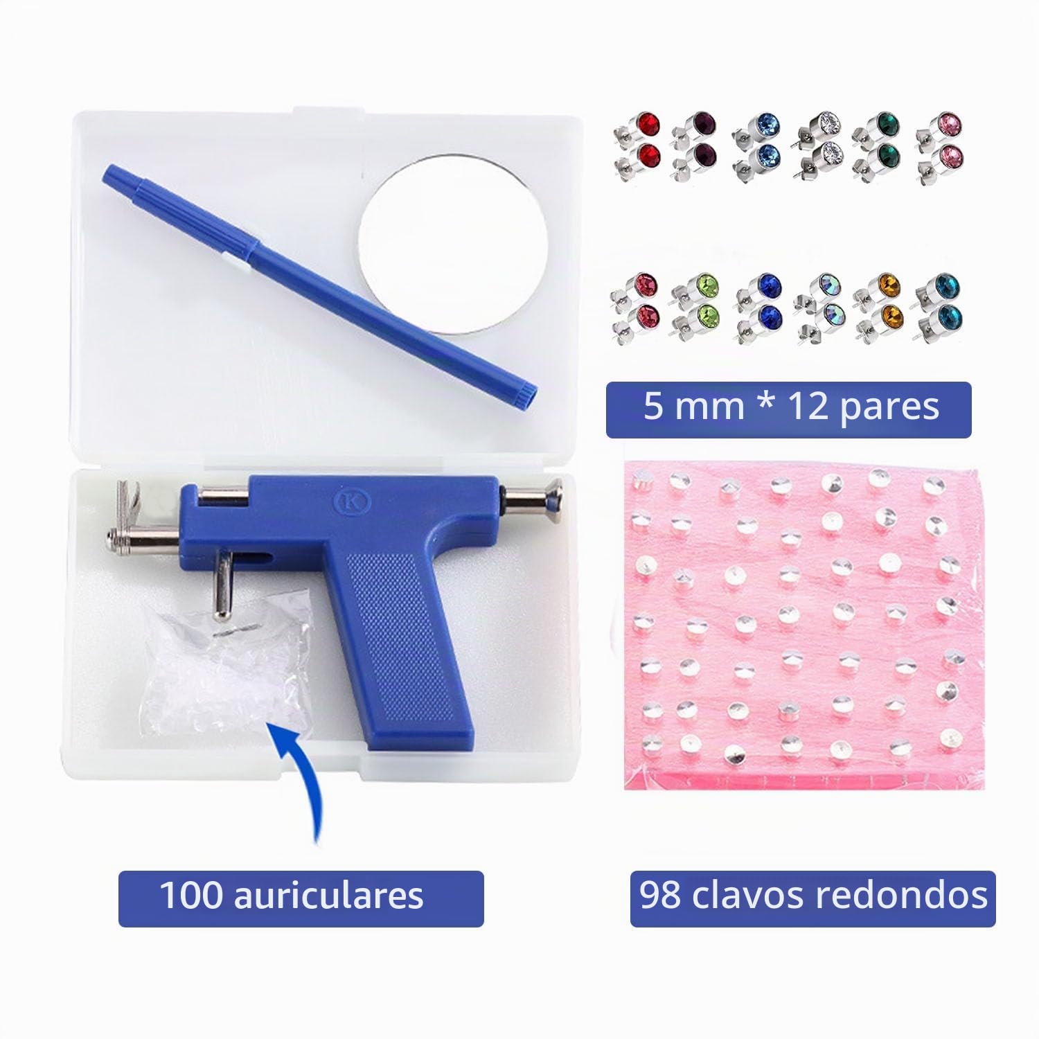 Juego de piercings para orejas de 200 piezas con 12 pares de aretes coloridos, pistola para perforar orejas, herramienta adecuada para uso doméstico, 11cm
