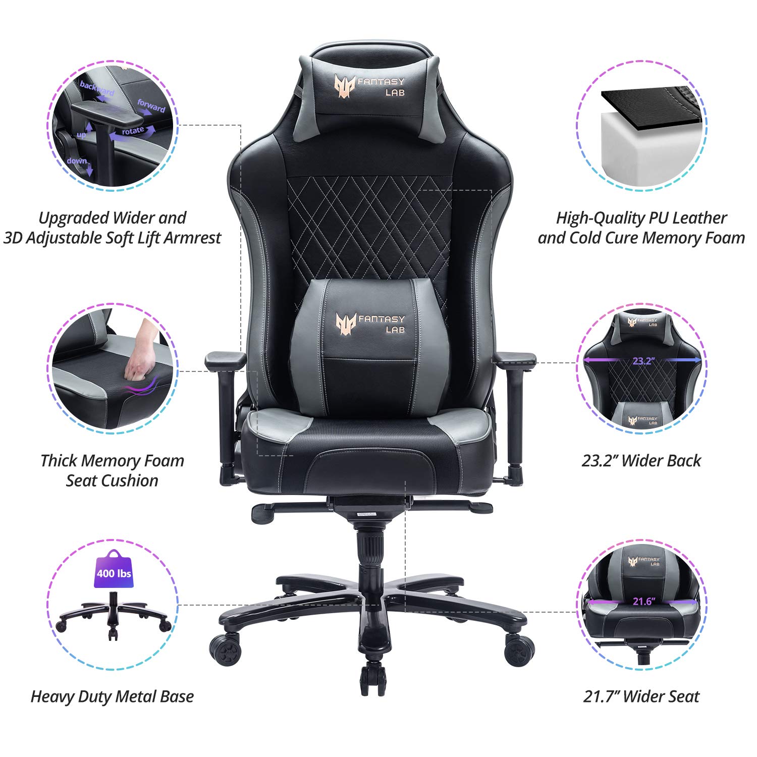 FANTASYLAB 400lb Gaming Chair Big Tall Breathable Office Racing