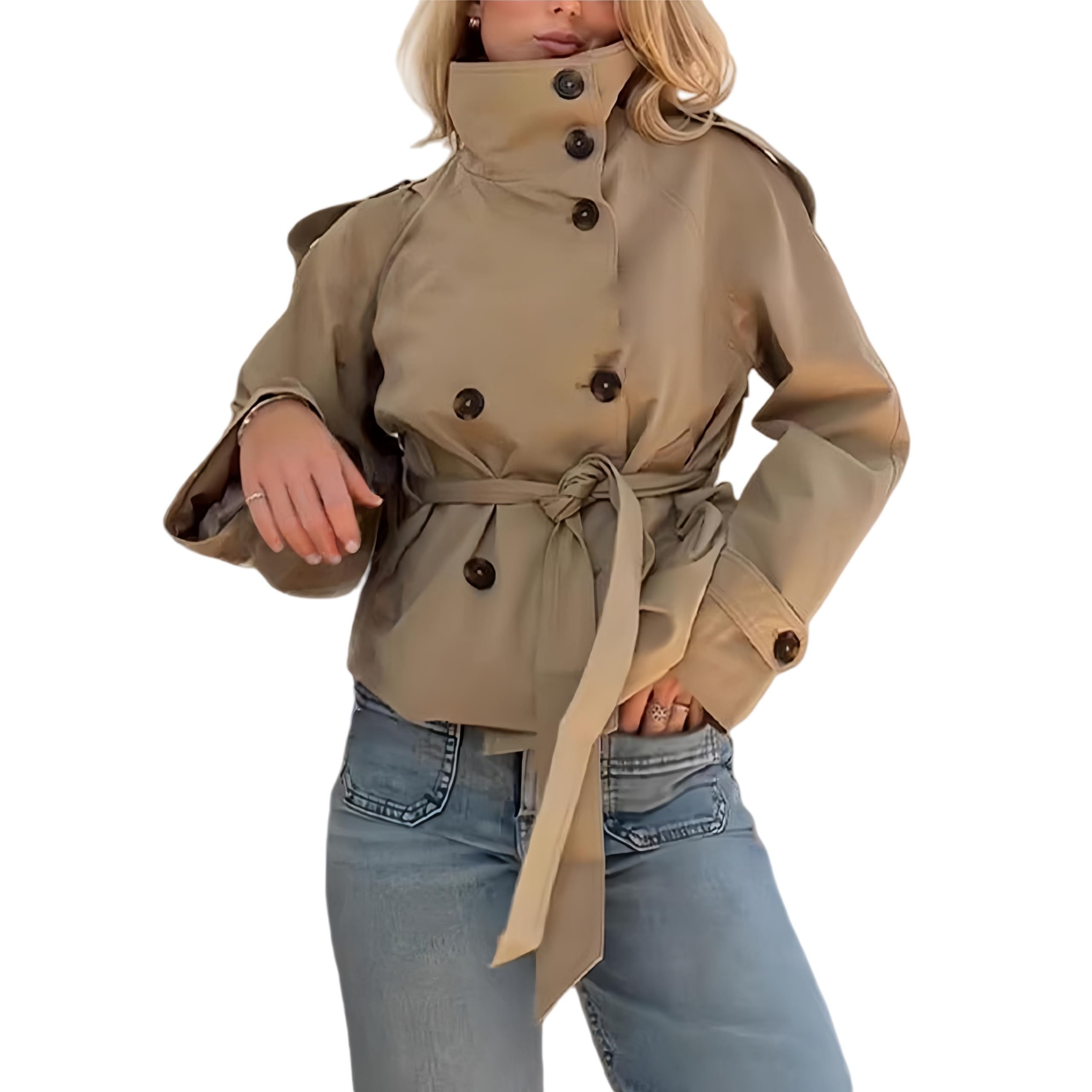 Damen Kurz-Trenchcoat Mit Stehkragen, Doppelreiher Und Gürtel Winddicht