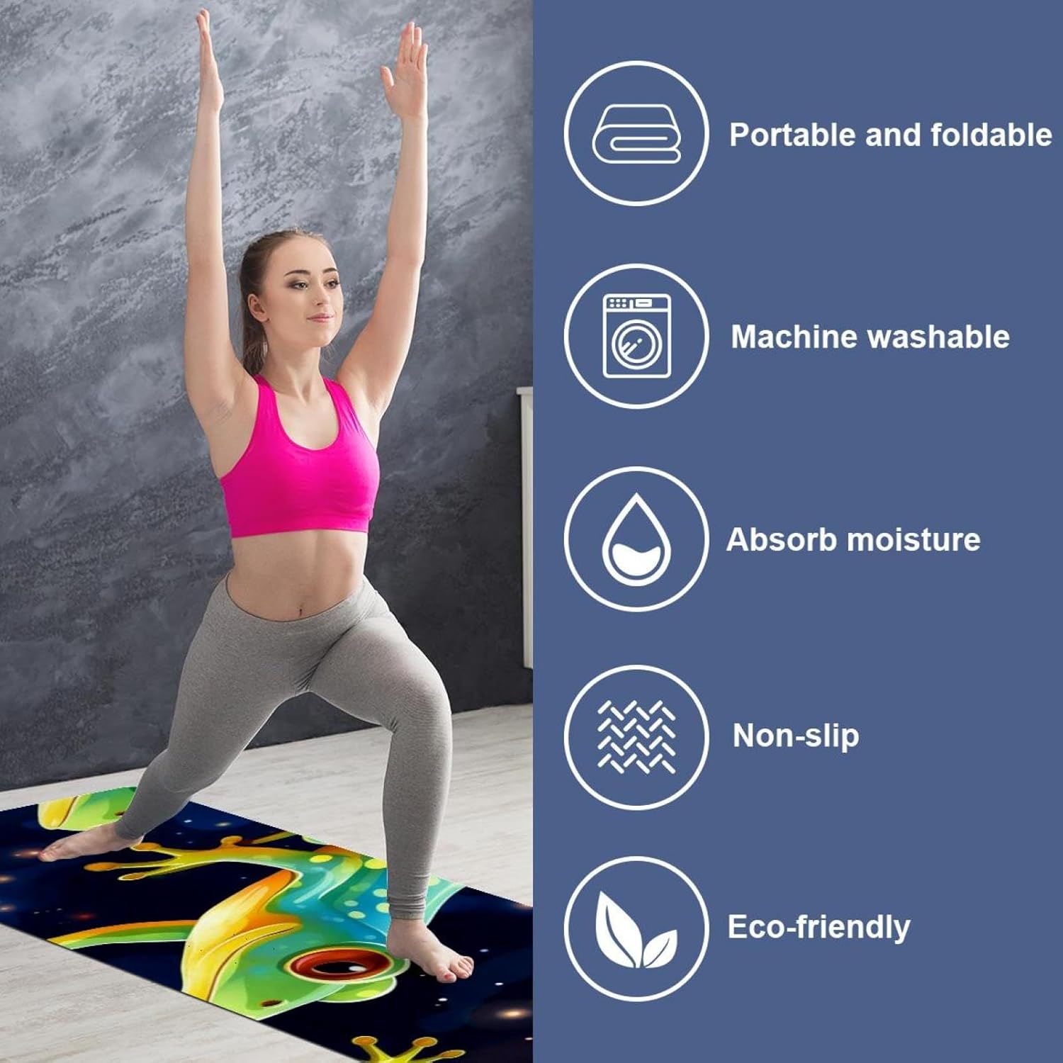 Yoga Towel, Galaxy Frog Pattern Non Slip Sweat Absorbent Hot Yoga Mat Towel for Hot Yoga, Pilates and Fitness - 72.8" x 26.8"