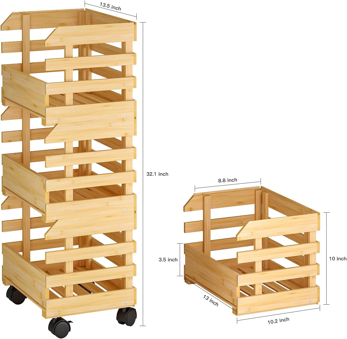 G.a HOMEFAVOR Bamboo Fruit Basket Stand, Potato and Onion Storage Cart, 3-Tier Fruit Basket with Wheels, Vegetable Storage for Kitchen Floor (Self-assembly)