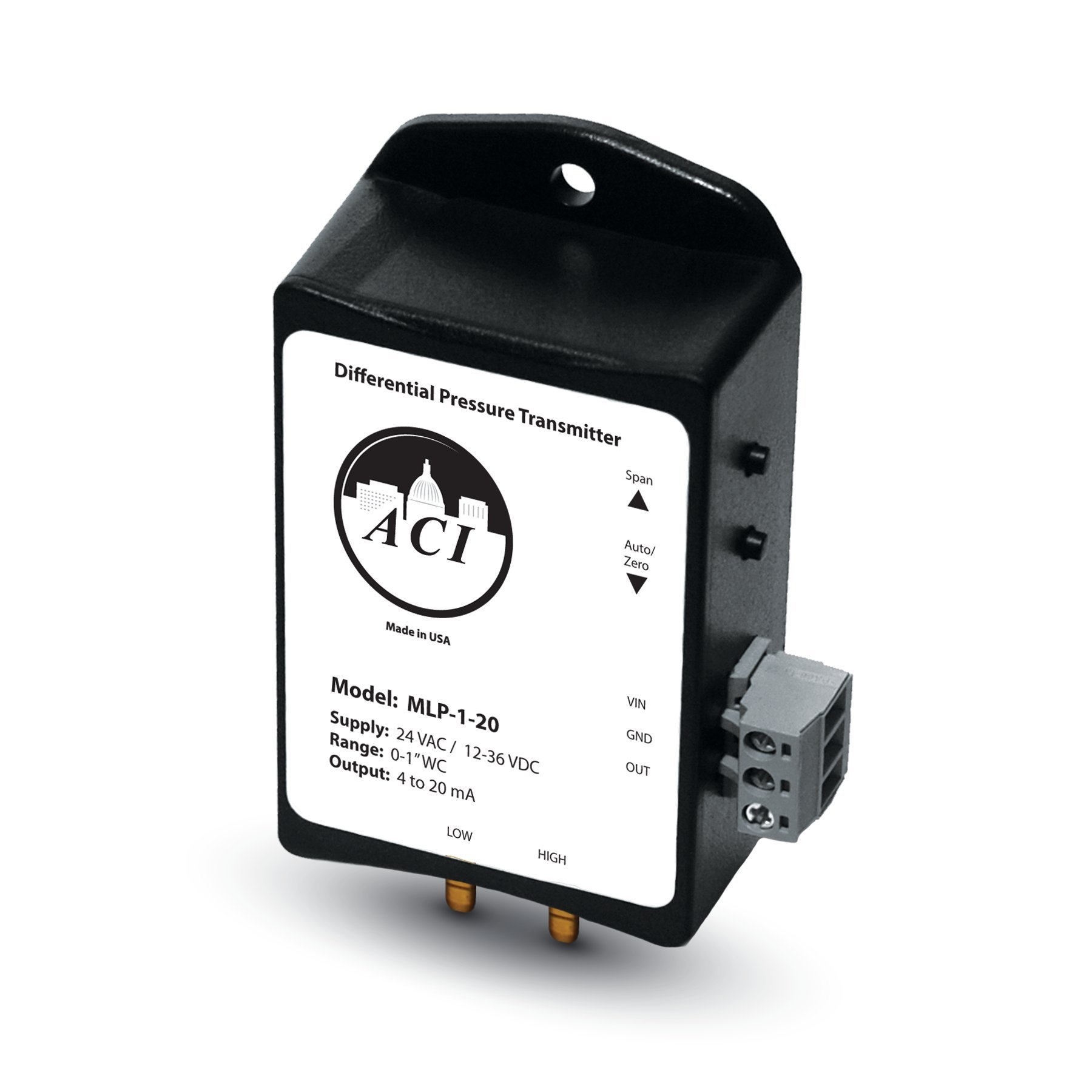 A/MLP-1000-20 | ACI | Differential Pressure Sensor Transducer Unidirectional | 0-1000 Pa | 4-20 mA