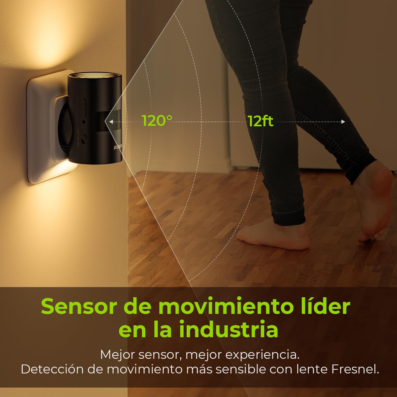 AUVON Lámpara de Noche Enchufable con Sensor de Movimiento y Sensor Crepuscular, Iluminación Superior e Inferior, Luminosidad Ajustable, Innovadora Rotación de 90° para Dormitorio, Pasillo, Cocina
