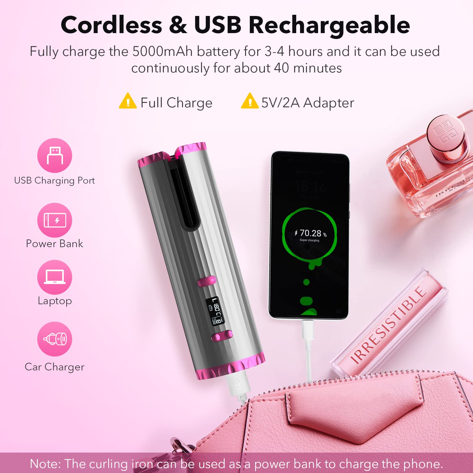 Automatischer kabelloser Lockenwickler, Farbverlauf Rosa - 6 Heizstufen, schnelles Aufheizen 60s, Auto Hair Wrap & Tangle-Free, Nano-Keramik- & Turmalin-Beschichtung für glänzendes Haar, tragbarer