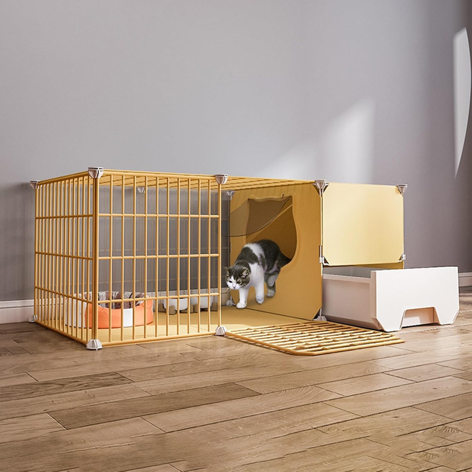 Corralito para gatos de metal con caja de arena modular lavable