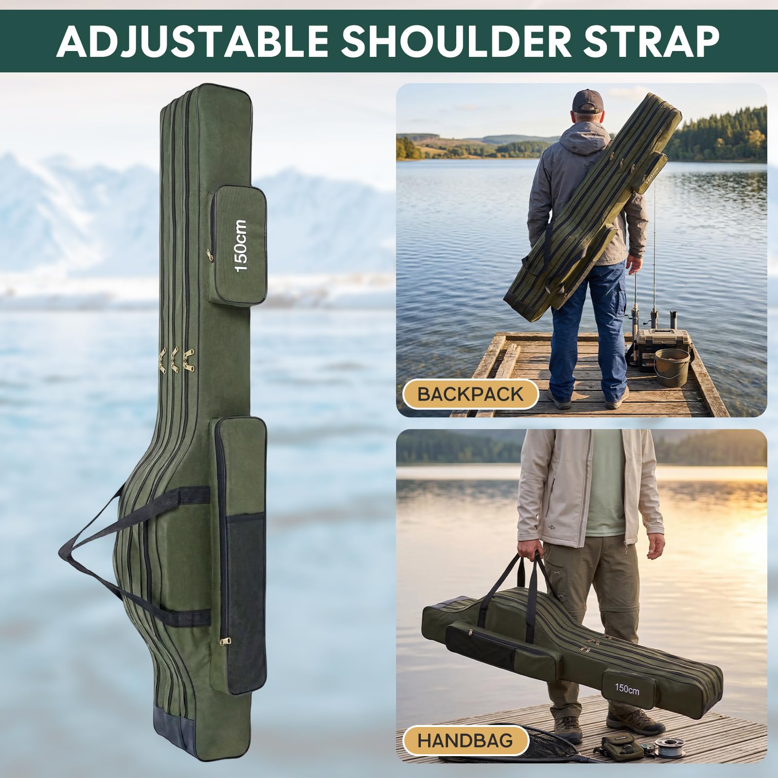Angelrutentasche Angeltasche Rutentasche Rod Case mit 3 Fächern für Outdoor-Angelruten, 150cm Faltender Angelrute Tasche, Angelrute Werkzeuge Aufbewahrungstasche, Tragbare Angelgerät Tasche (Grün)