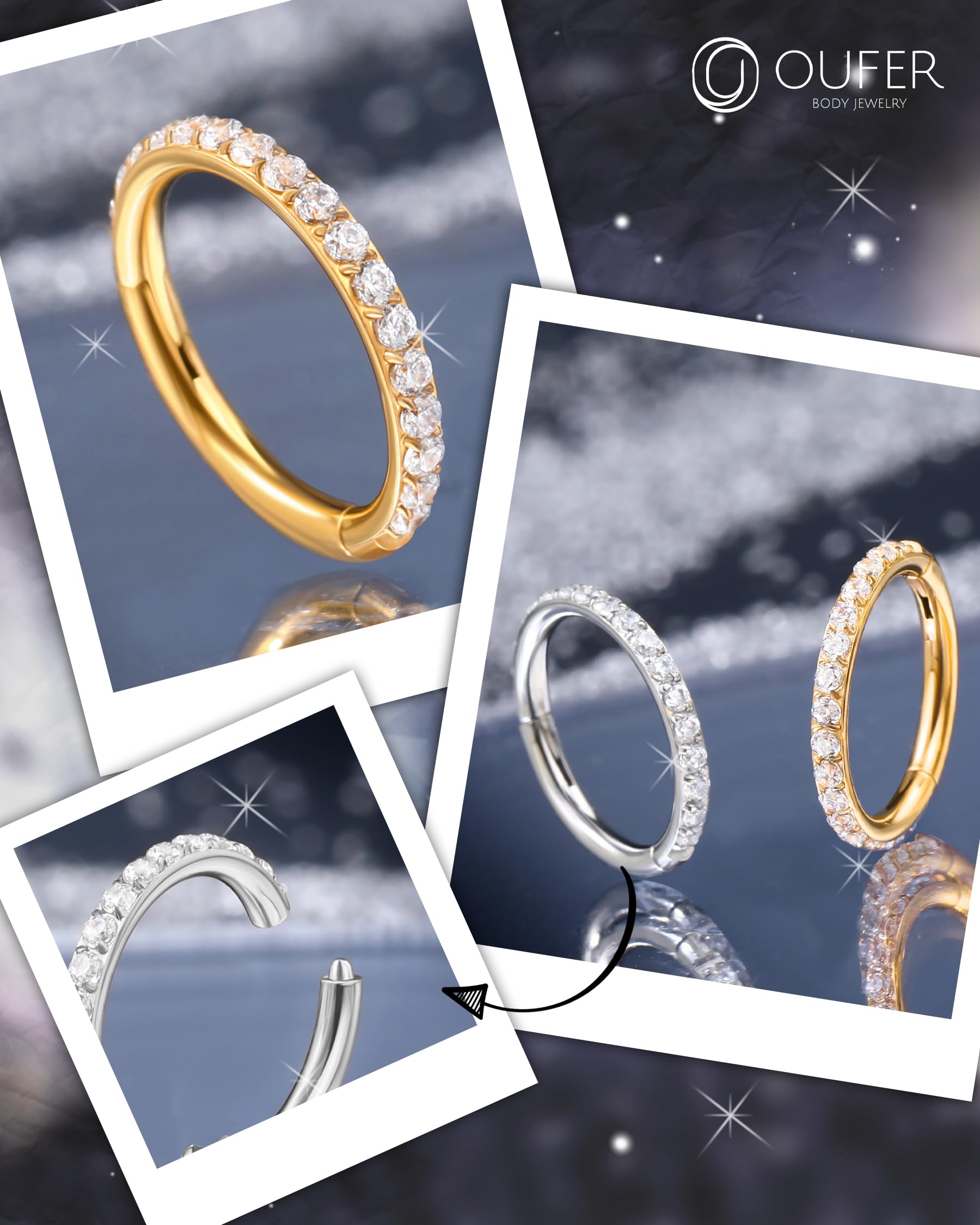 OUFER 18G 20G Nose Ring Hoops Hinged Seamless Segment Helix Piercings Nostril Clicker 316L Stainless Steel CZ Line Daith Tragus Cartilage Earring Jewellery — view 5