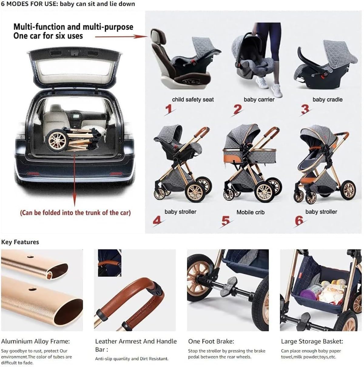 3 in 1 Baby Stroller Travel System Foldable Bassinet with Footmuff Blanket Cooling Pad Rain Cover Backpack Khaki