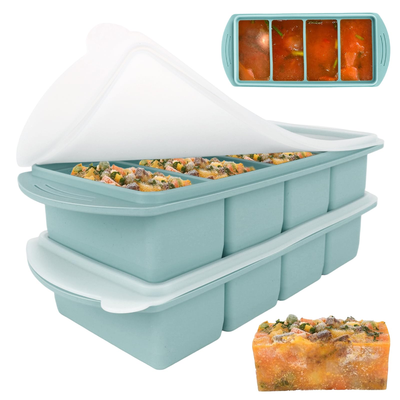 Lotvic 2 Pack Soup Cube Silicone Freezer Tray, 1000ML Freezer Containers with Lid, 4-Compartment, Makes 8 1-Cup Portions Cubes, Freezer Tray for Meal Prep, Soup, Sauce (Dusty Blue)