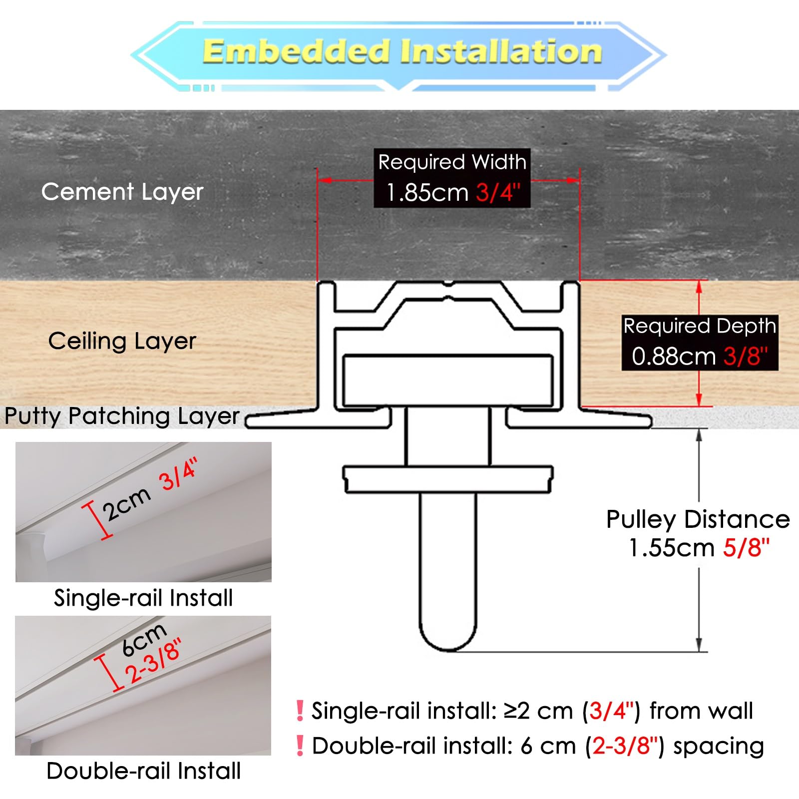 ZJKXJH Hidden Curtain Rod Rail Ceiling Mount Cuttable, Recessed Windows Curtain Track Set Room Divider, Invisible Straight Sliding Curtain Pole System, Custom Size(Black,6.5ft/198cm)