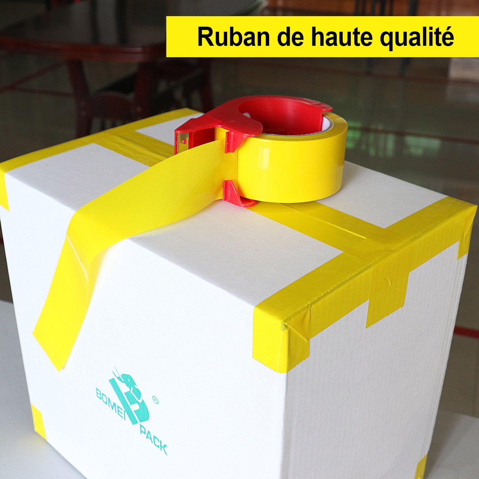 BOMEI PACK Ruban d’emballage 66m x 48mm 3 rouleaux avec dévidoir adhésif fort Jaune