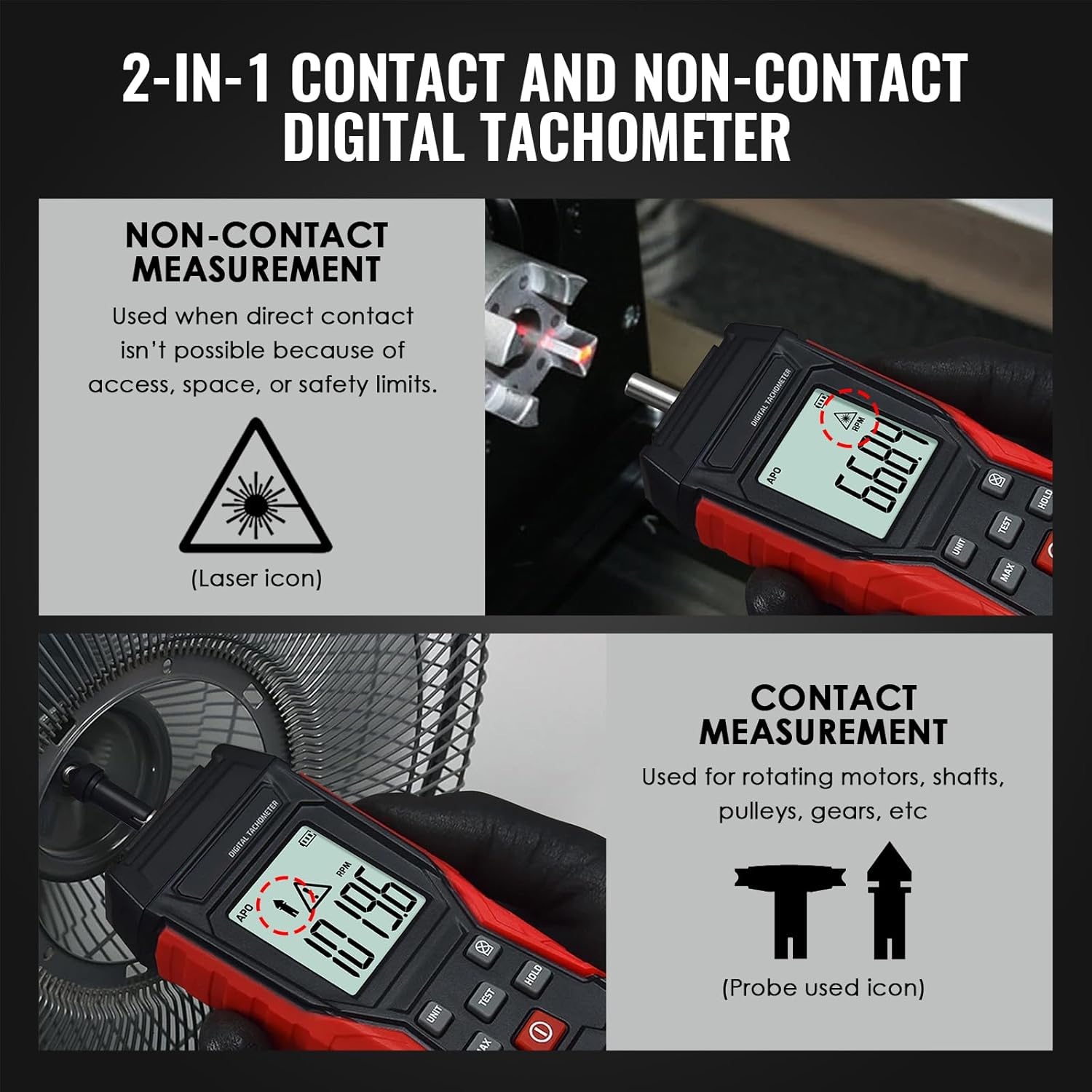 2-in-1 Digital Tachometer with Laser & Contact Non-Contact Laser Tach Meter 3-19999RPM and Photo Tachometer 3~99999RPM MAX/MIN/Hold Data/AVG, Backlit RPM Gauge for Cars, HVAC, Motors, Small Engines