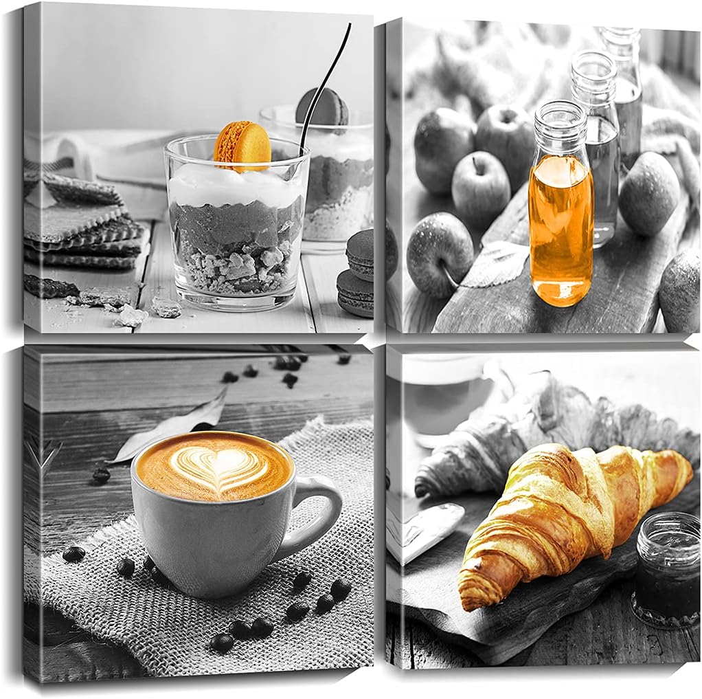 Biufo Kitchen Canvas Wall Art Prints Black and White Food Coffee Painting Picture for Bakery Cafe Dining Room Restaurant Wall Decor (12"x12"-4pcs)