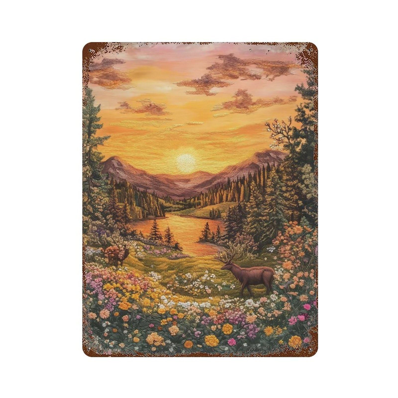 Aged Metal Wall Plaque with Sunset Deer Embroidery Design 15.7"x11.8", for Cafe, Home Bar And Lounge Decor, Novelty Wall Decor