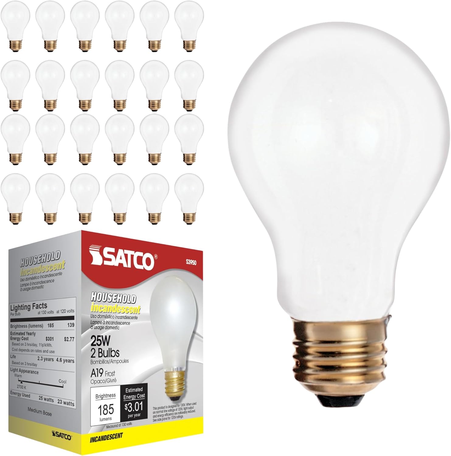 Satco S3950 A19 Incandescent Bulb, 25W, 130V, Frosted Finish, 180 Lumens, Medium E26 Base, Dimmable, 2700K Warm White, 2,500 Hour Lifespan (24 Bulbs)