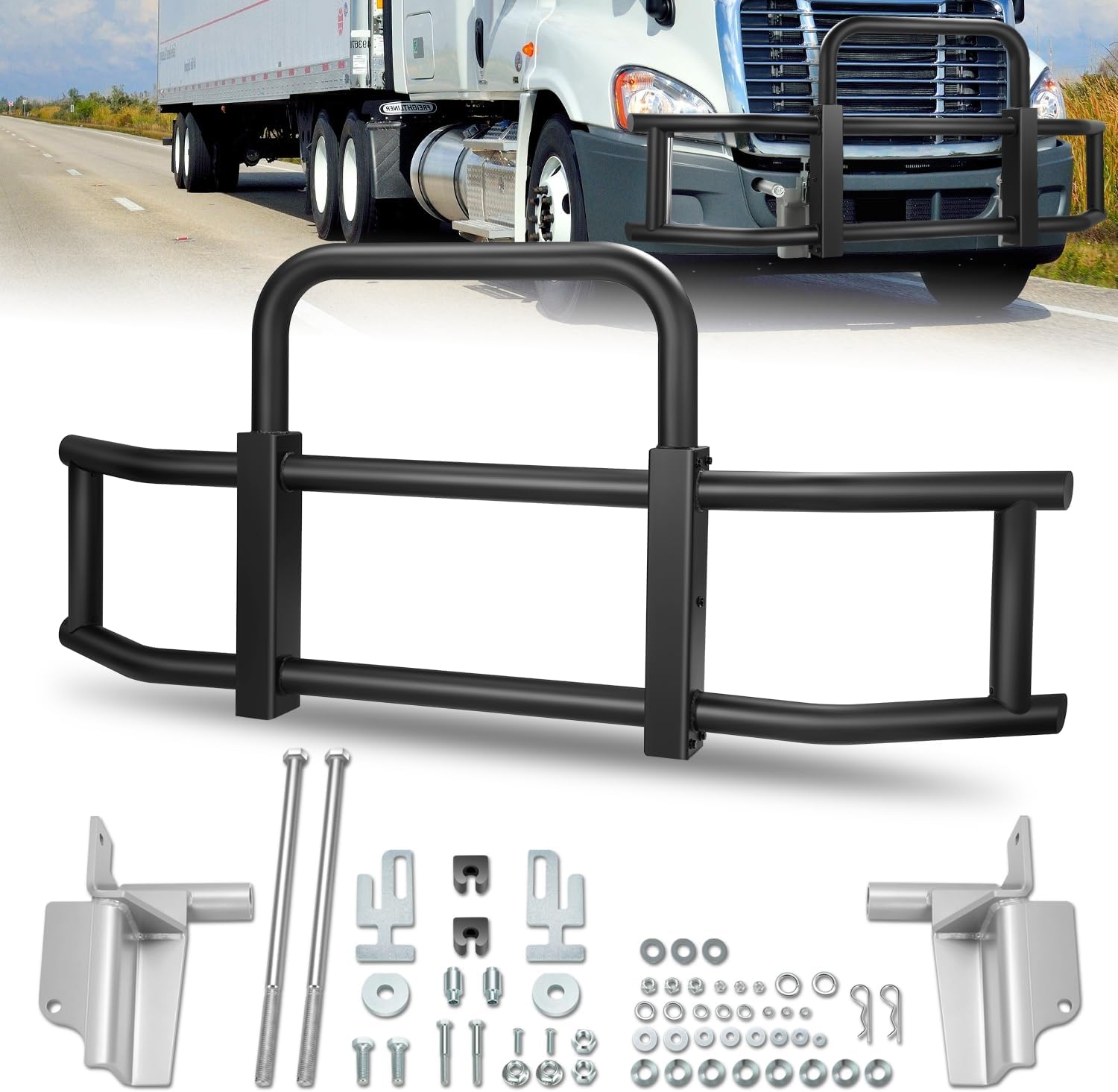 Auto Dynasty Front Bumper Brush Bull Bar Deer Guard Compatible with 2008-2017 Freightliner Cascadia, 3mm Thick Iron Tubing, Powdercoated Matte Black