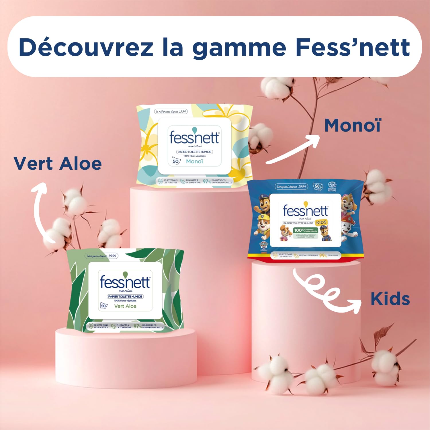 Fess Nett - Papier Toilette Humide Pocket Fleur de Coton x20 - Formule testée dermatologiquement 0% parabène 0% phenoxyethanol - Pour peaux normales à sensibles