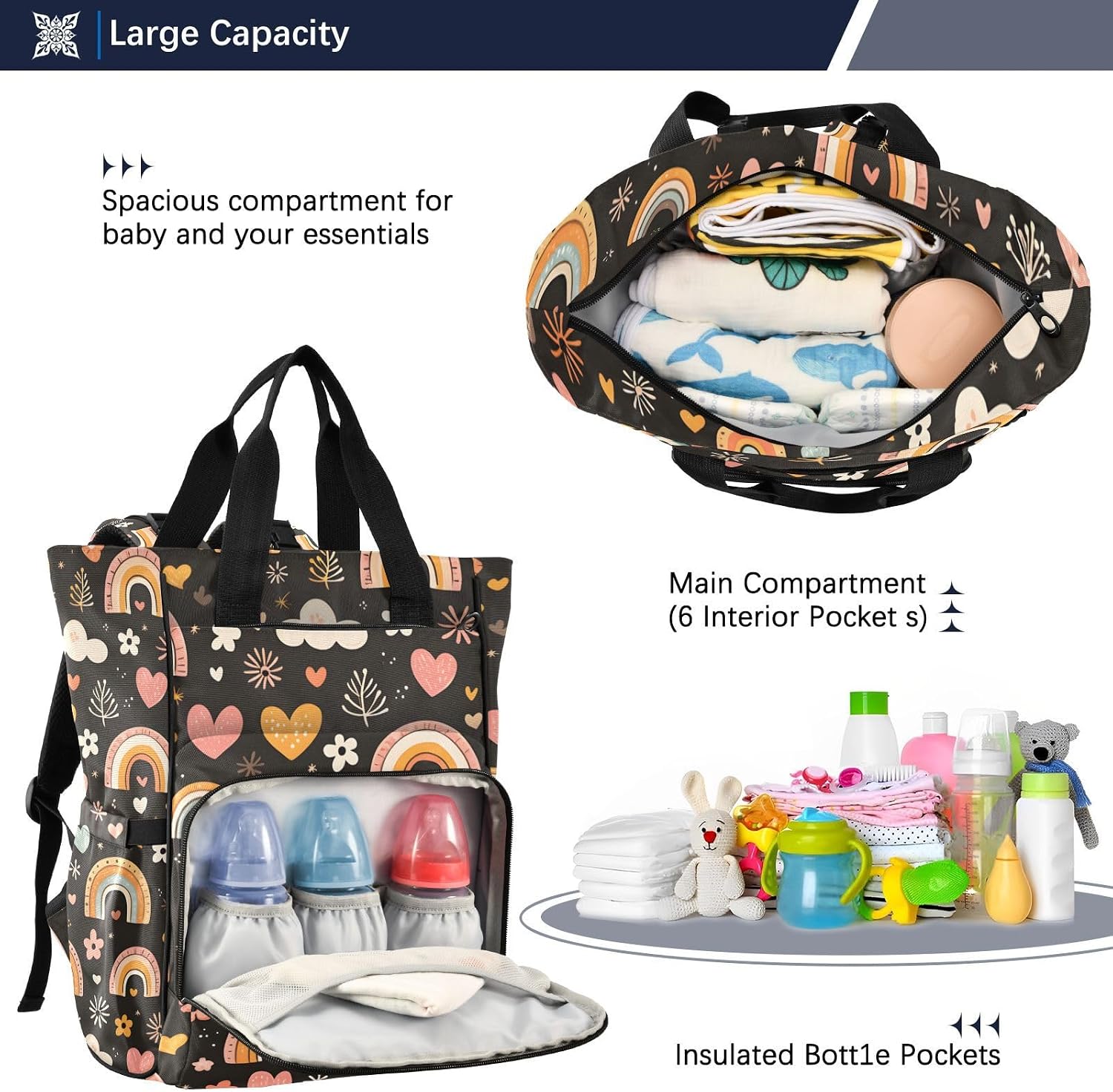 Diaper Bag Backpack Cute Floral Rainbow Travel Diaper Bags for Women, 10L Functional Baby Changing Bag with Insulted Pockets, Stroller Straps