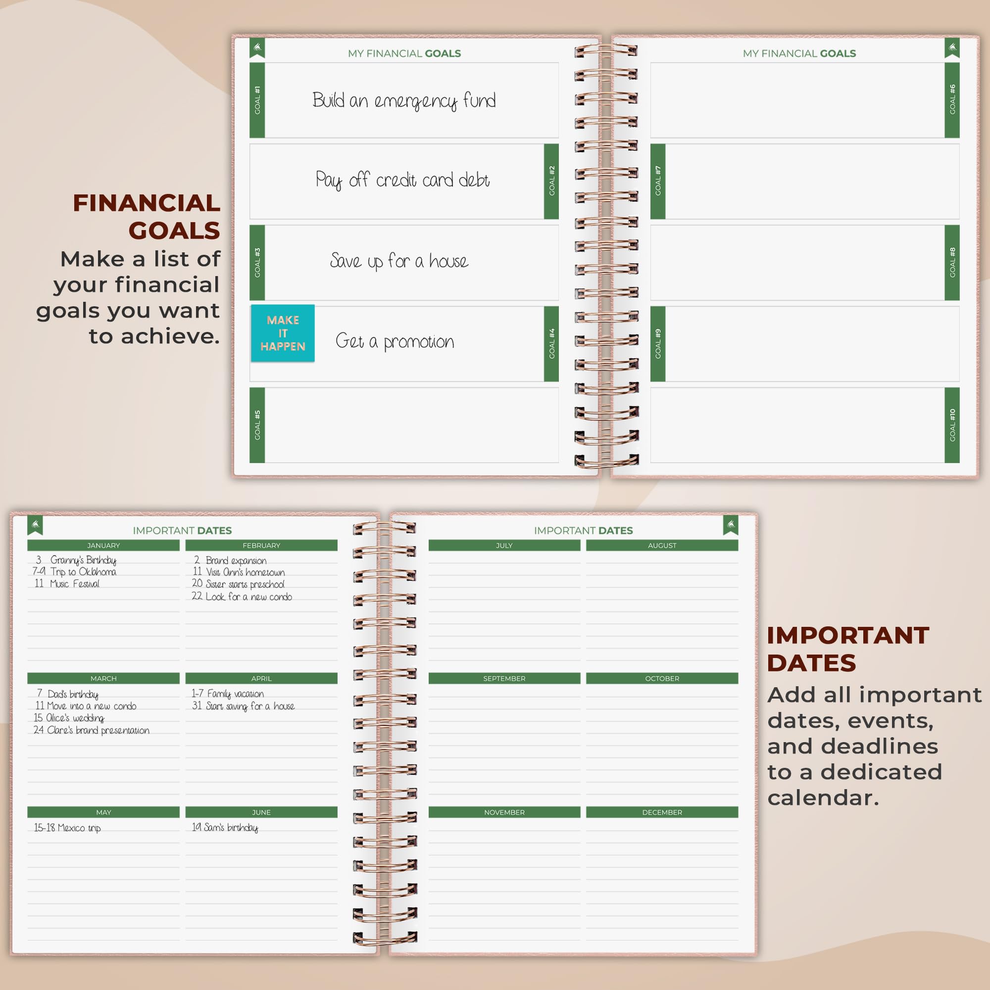 Clever Fox Budgetplaner, Spiralbuch mit bunten geräumigen Seiten, monatlicher Finanzplaner, Budgeting-Organizer und Ausgaben-Tracker-Notizbuch, Finanz-Tagebuch, 20 x 24 cm, Hardcover, Roségold