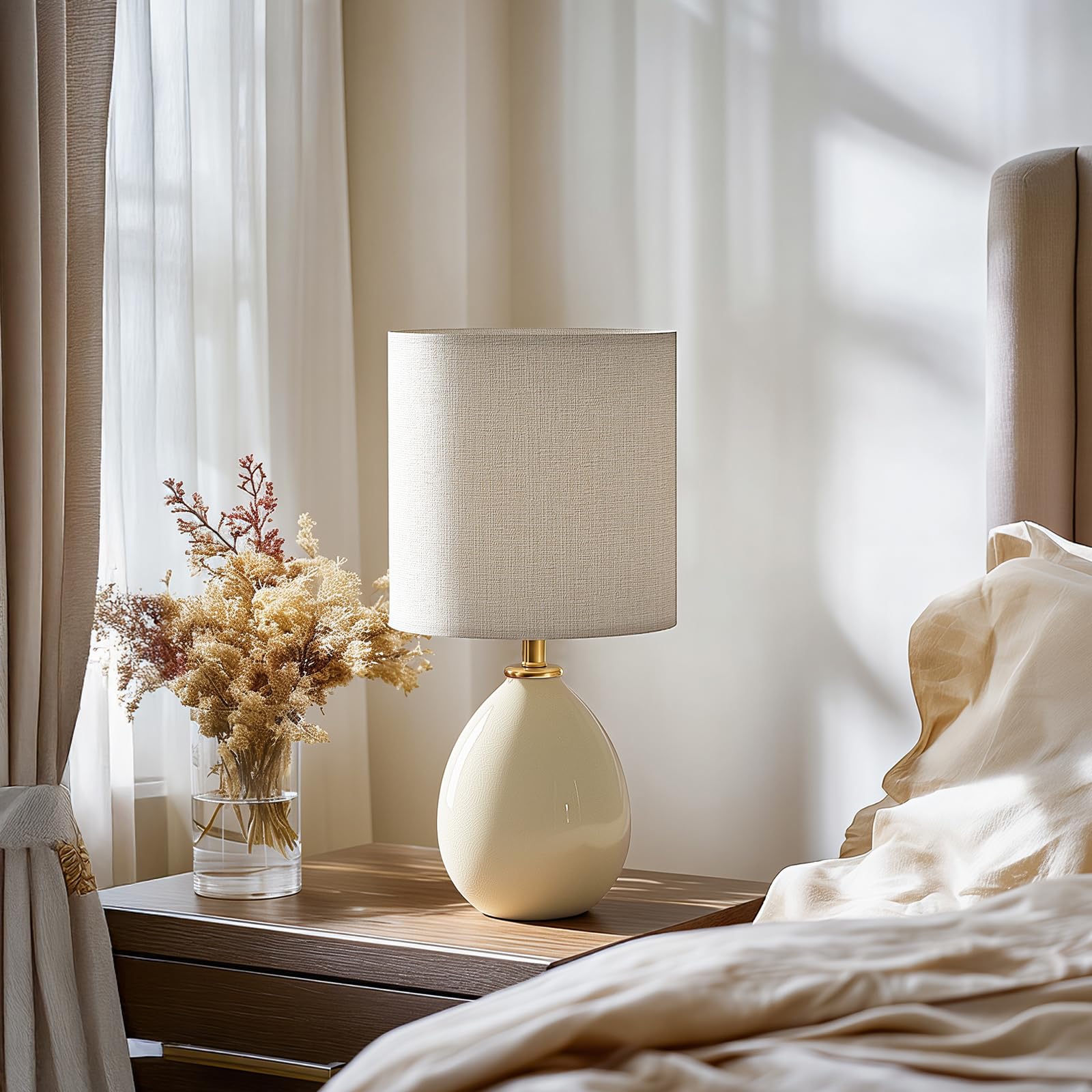 Dawnwake Nachttischlampe, 2-Teiliges Set, Dimmbare LED-Tischlampe Mit Keramikfuß und Leinenschirm, Geeignet Für Schlafzimmer, Wohnzimmer und Büro[Energieeffizienzklasse F]