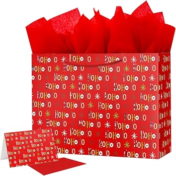Ranfashiong 16" Extra Large Christmas Gift Bag with Tissue Paper Xmas Holiday Presents Red
