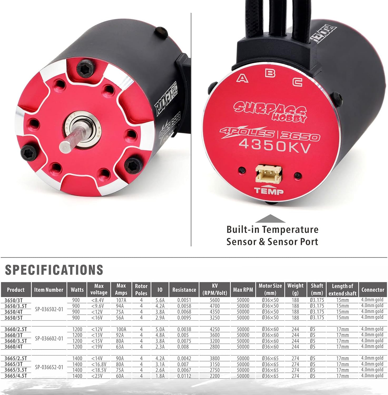 Surpass Hobyy 3650 4350kv Brushless Motor with Waterproof Smart 60A ESC for 1/10 Remote Control Car