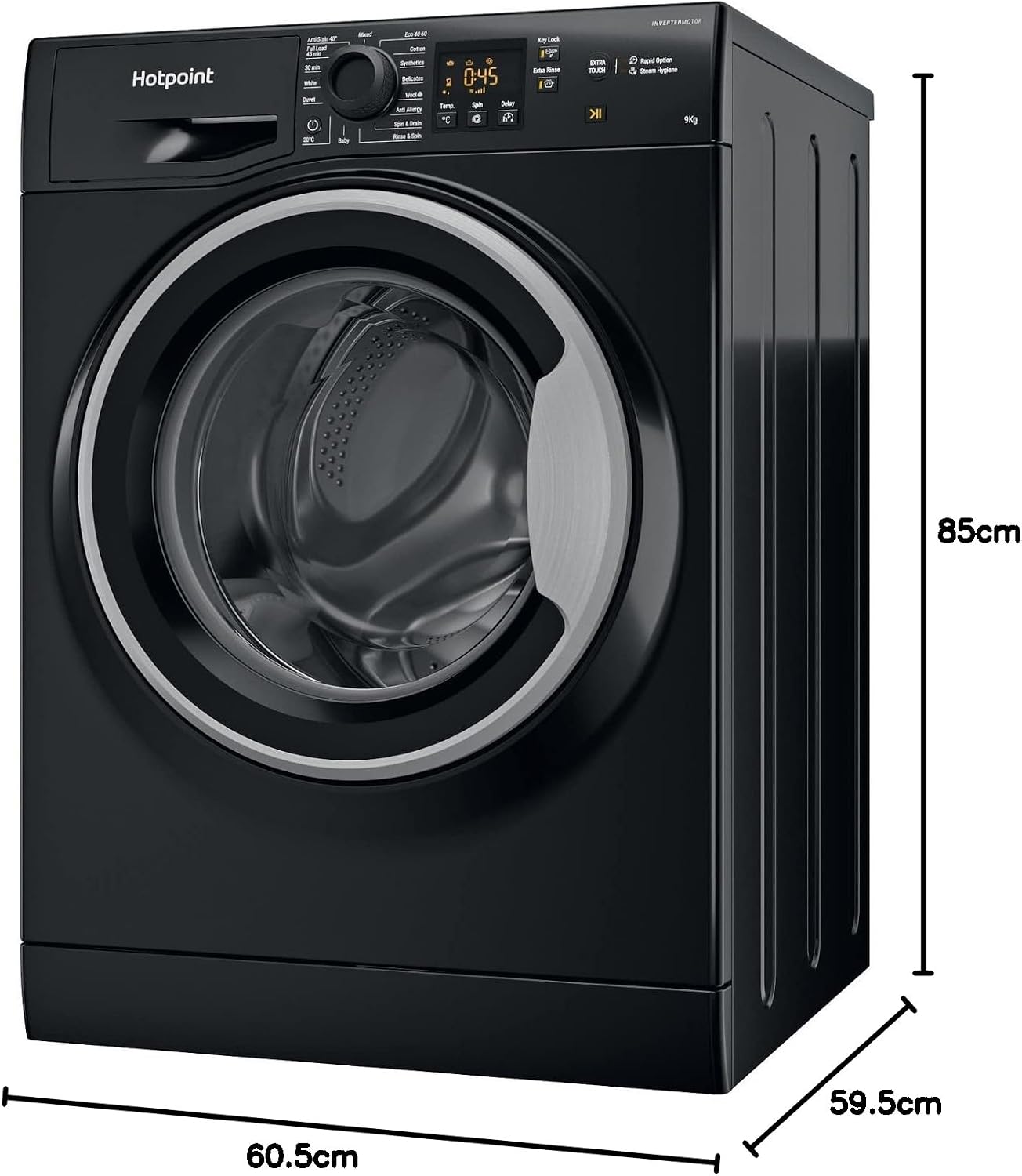 Hotpoint washing machine with dimensions 60.5cm width, 59.5cm depth, 85cm height