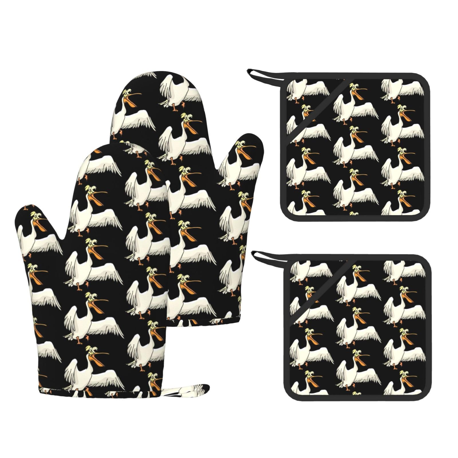 funny pelican Printed Cooking Mitts and Pot Holders 4 Pcs, Heat Resistant Oven Gloves with Hanging Loop Chef