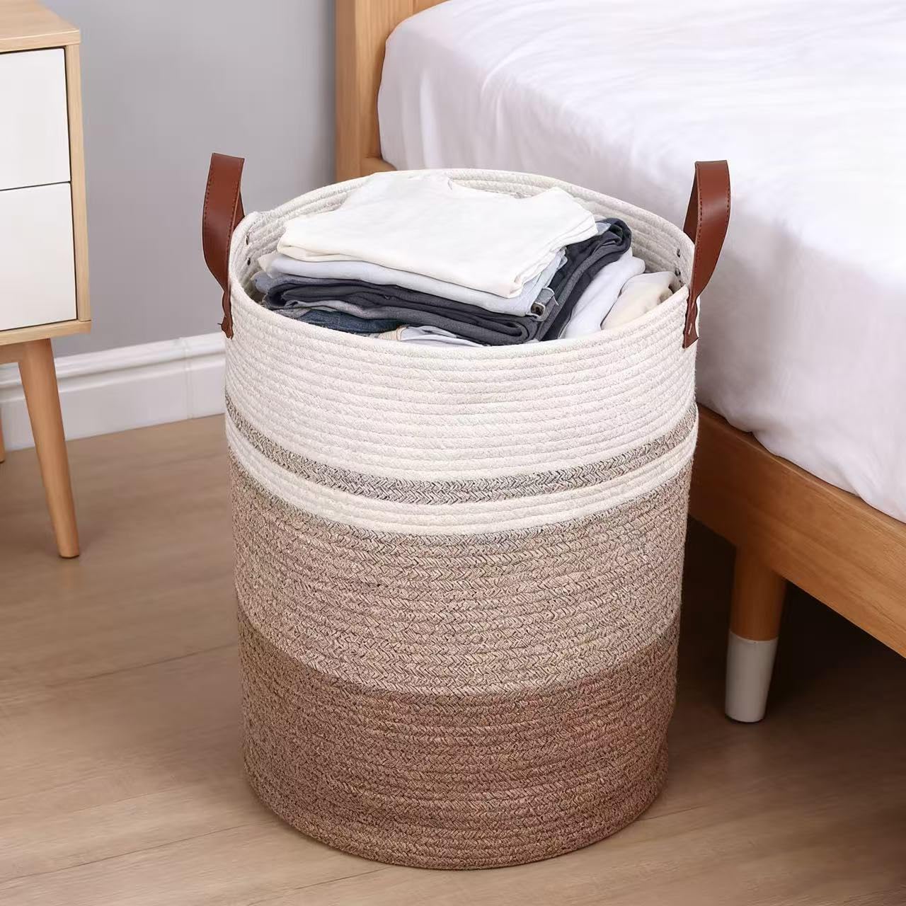 Laundry Basket,Woven Cotton Rope Laundry Hamper,60L for Decor Storage of Dirty Clothes,Toys and Blankets in Bathroom,Baby Room and Living Room (White Stripe Brown, 60L)