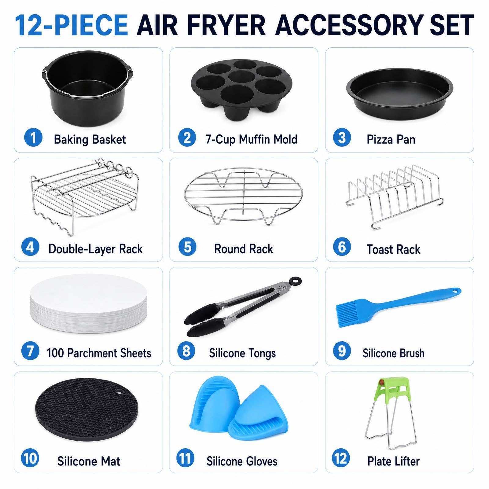 Airfryer Akcesoria 12 sztuk do frytkownicy na gorące powietrze 5,0-5,5 l, zestaw akcesoriów 20 cm z koszem do pieczenia, patelnią do pizzy, grillem ze stali nierdzewnej, uchwyt na