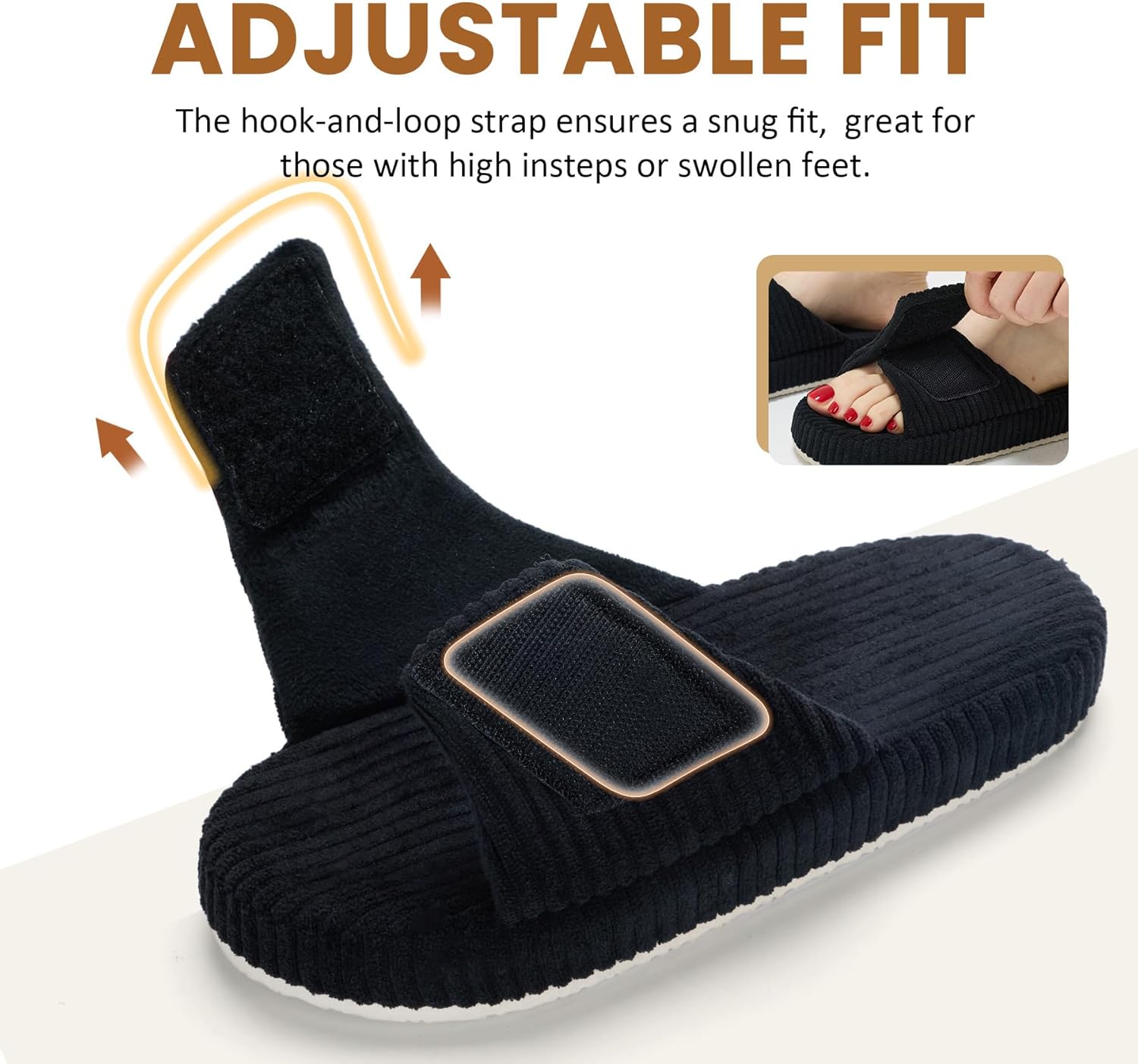 Women's Adjustable Corduroy Slippers - Memory Foam Open-Toe House Shoes - Supportive Non-Slip Footwear for Bedroom, Travel - Image 3