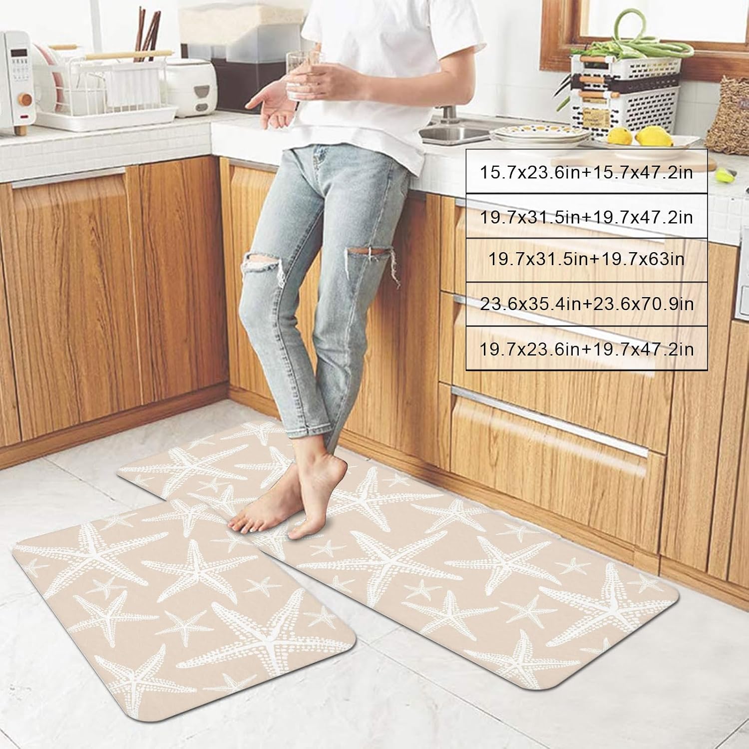 Coastal Beige Starfish Kitchen Mats Set of 2 Nautical Ocean Summer Minimalist Sea Non Slip Mat Washable Floor Rug for Kitchen Sink Floor Laundry, 20"x24"+20"x48"