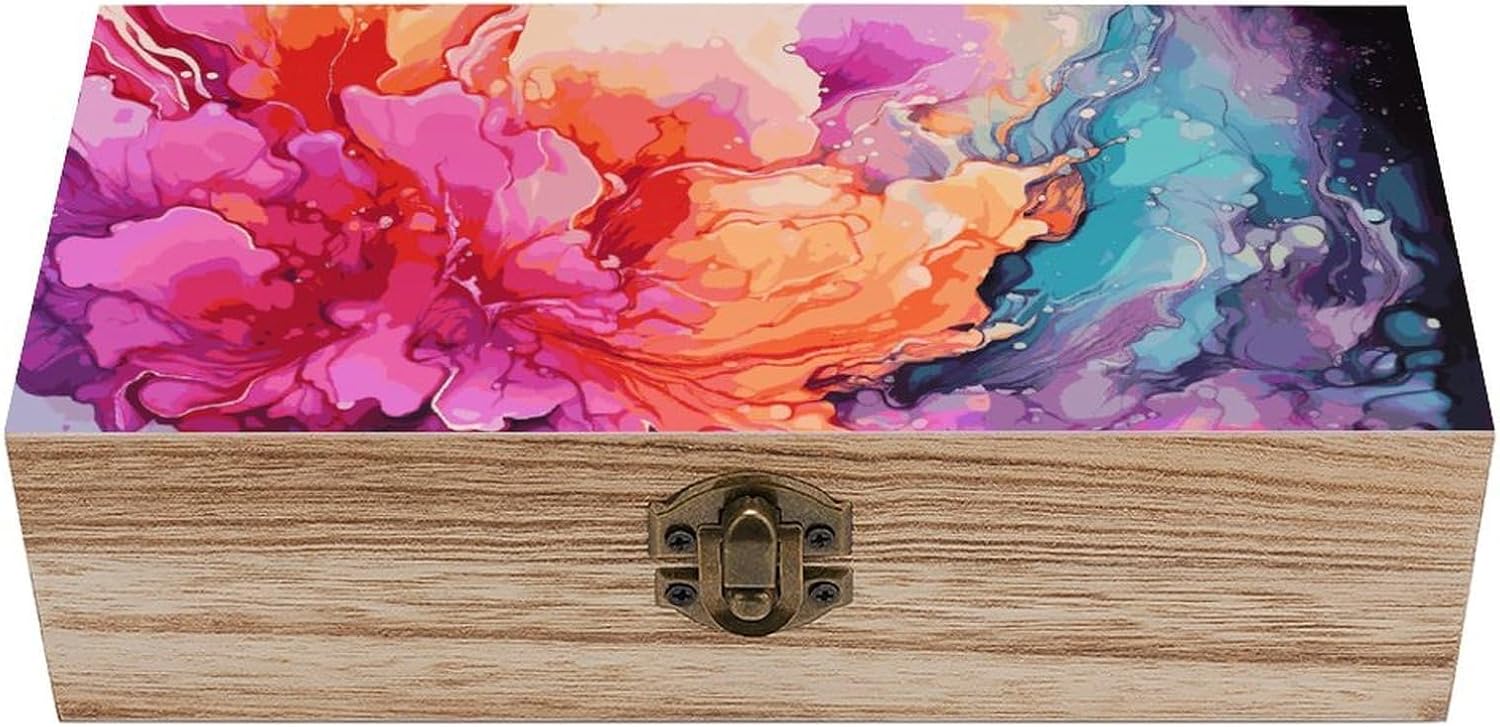 Colorful Watercolor Painting Wood Storage Box,Wooden Smooth Jewelry Container,Keepsake Storage Chest with Lid for Memories,Jewelry,Photos,Memorial Boxes