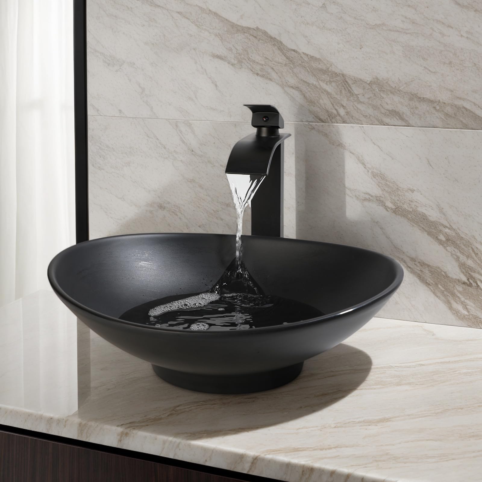 kiciykc Oval Black Stone Resin Countertop Bathroom Vessel Sink with Tap and Pop-Up Waste Modern Bathroom Basin for Vanity, 406mm x 305mm
