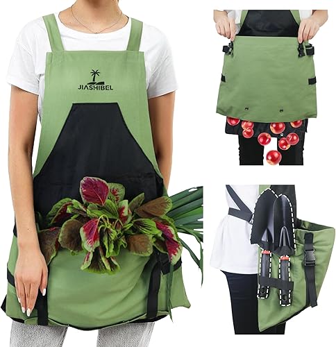 JIASHIBEL Delantal de jardinería con bolsillos para mujeres y hombres, delantal de jardín de lona ajustable con bolsillos de liberación rápida