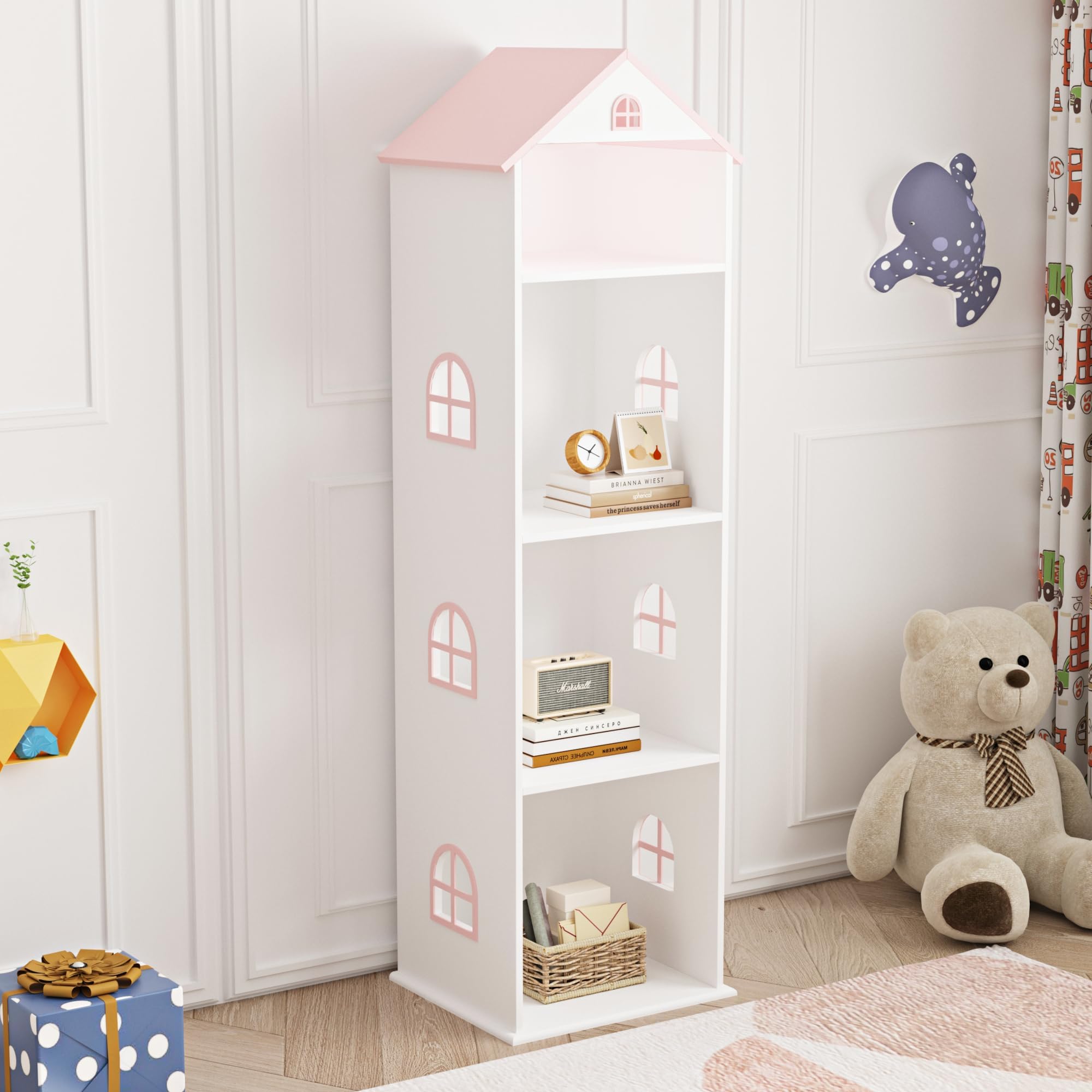Étagère Mobile Pour Enfants En Forme De Maison - Bibliothèque Sur Roulettes Avec 4 Compartiments, Organisateur Livres Et Jouets MDF Vert Menthe Blanc 50x33x34 Cm