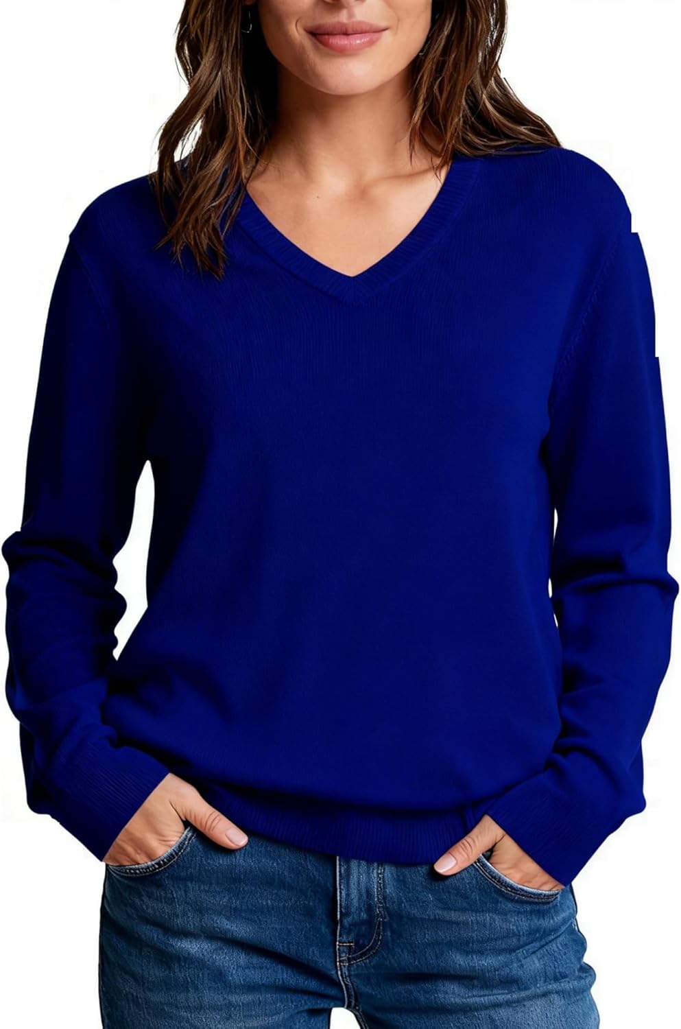 DAIMIDY V Neck Sweater Women's Long Sleeve Tops Trendy Lightweight Knit Soft Casual Pullover Blouse