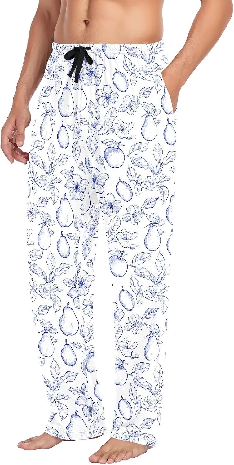 Navy Pear and Floral Men Pajama Pants Lounge Pajama Bottoms with Pockets Drawstring Sleep Lounge