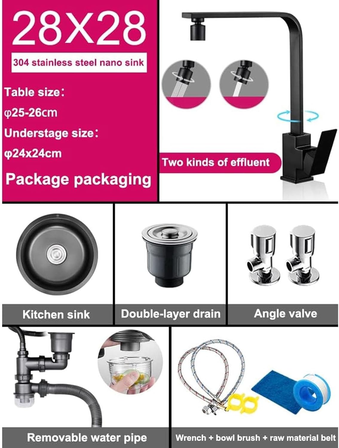 Wet Bar & Prep Sink Bathroom Sinks Kitchen Sink 304 Stainless Steel RV Sink with Faucet & Drain Top Mount Or Undermount, Size : 28x28x18cm 28x28x18cm 28x28x18c，Black(b) 28x28x18cm