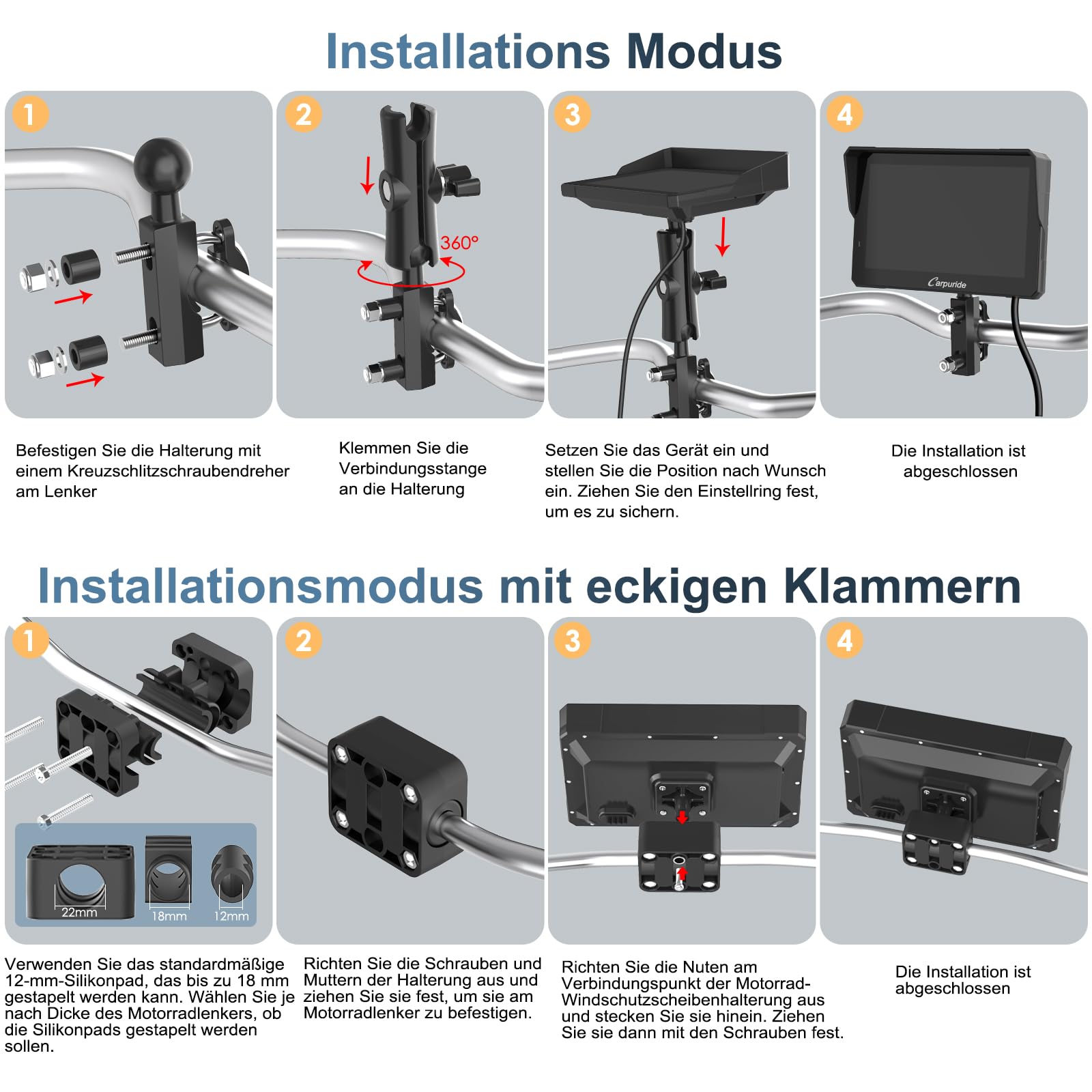 Carpuride W702T Pro Motorrad Carplay Bildschirm mit TPMS System, Kabellos CarPlay & Android Auto, Tragbar 7" Wasserdicht Touchscreen, Dual Bluetooth, Gegensprechfunktion, Navi, Kompass, Barometer.