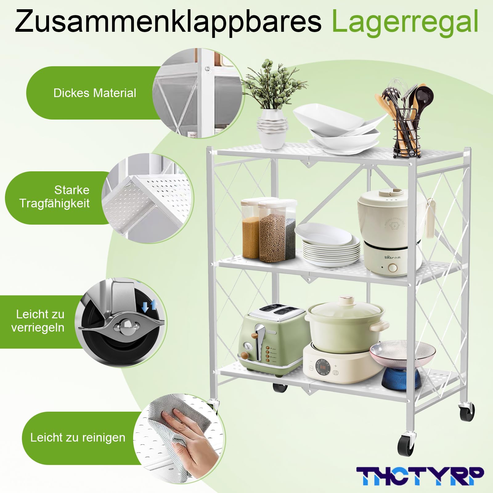 3 Etagen Klappregal Schwerlastregal mit Rollen, Metall Weiß