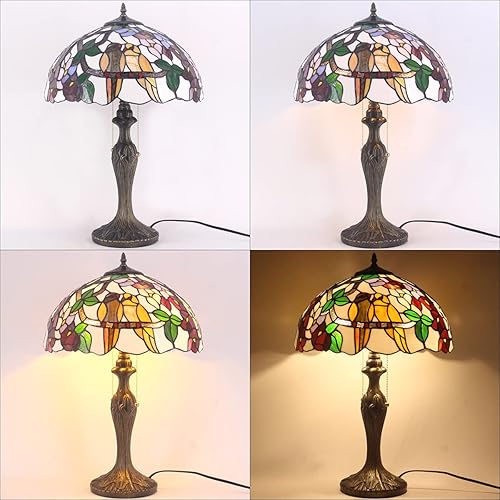 Miniatura 8 de WERFACTORY Lámpara de mesa estilo Tiffany, doble pájaros, colorido, vitral, lámpara de noche de 16 x 16 x 24 pulgadas, luz de escritorio, base de