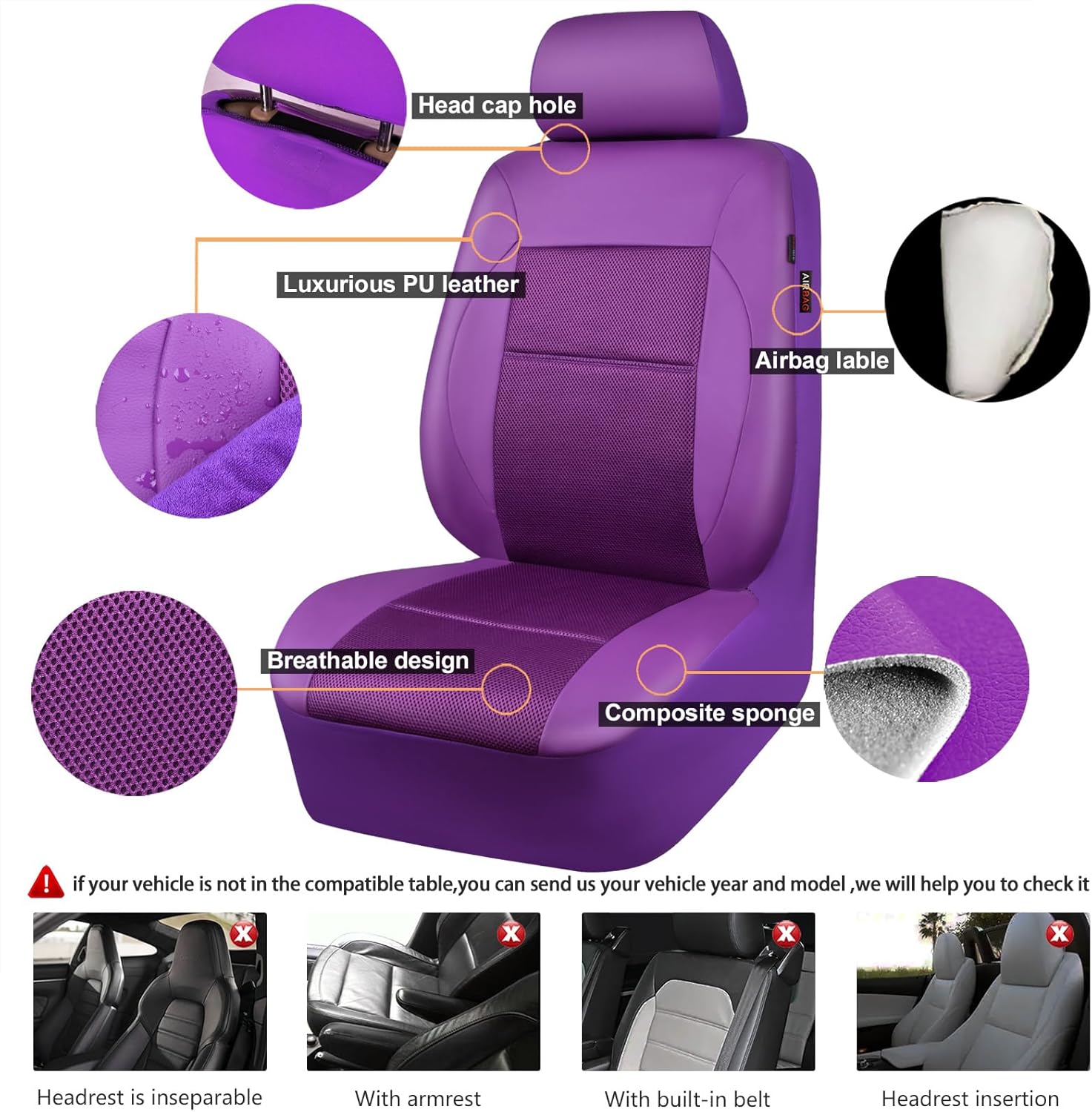 CAR PASS Leather Seat Covers Breathable Air Mesh Car Seat Cover Full Set Super 5mm Sponge Inside, Airbag Compatible, Universal Automotive Interior Cover Fit for Car SUV Truck Van (Solid Purple)