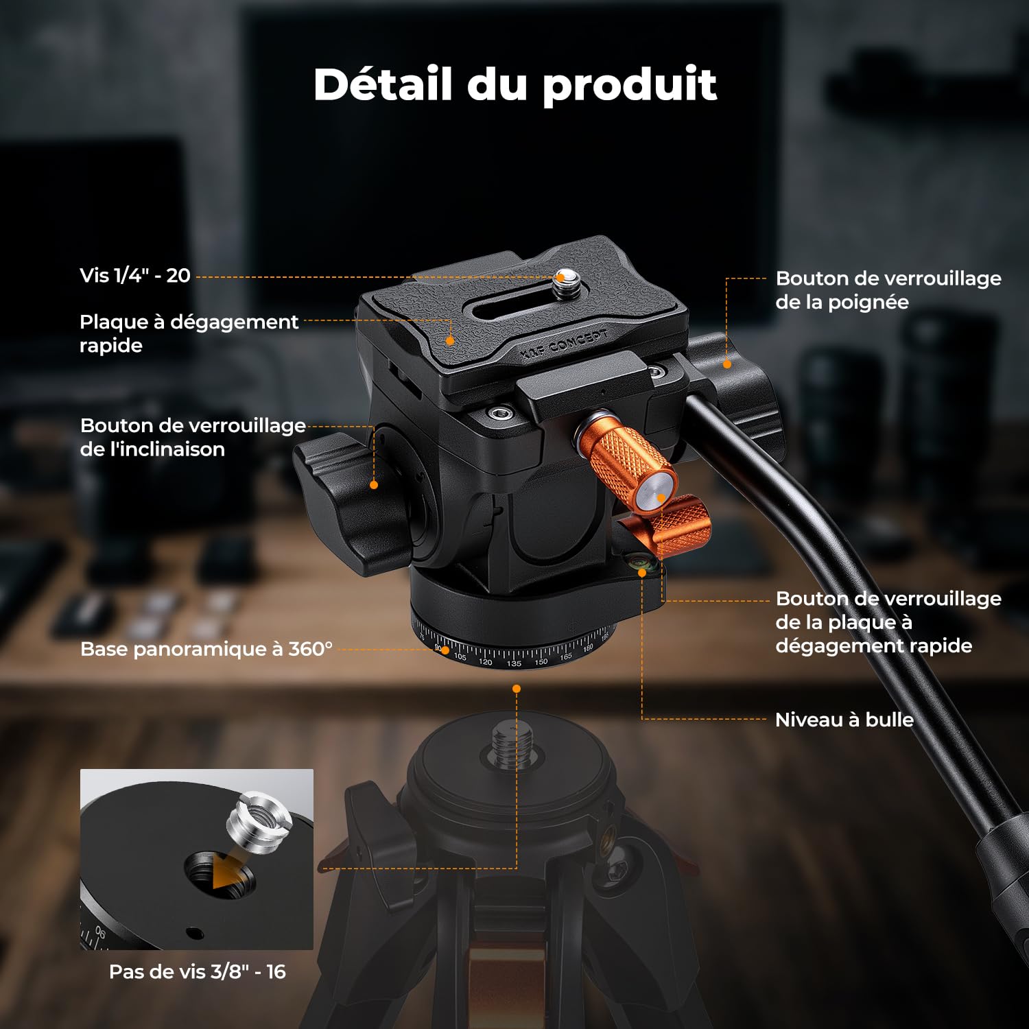 K&F Concept Tête Fluide Plastique 360° Charge 3,45kg | Légère, compatible Arca-Swiss, pour voyage/extérieur/vlog - FH04
