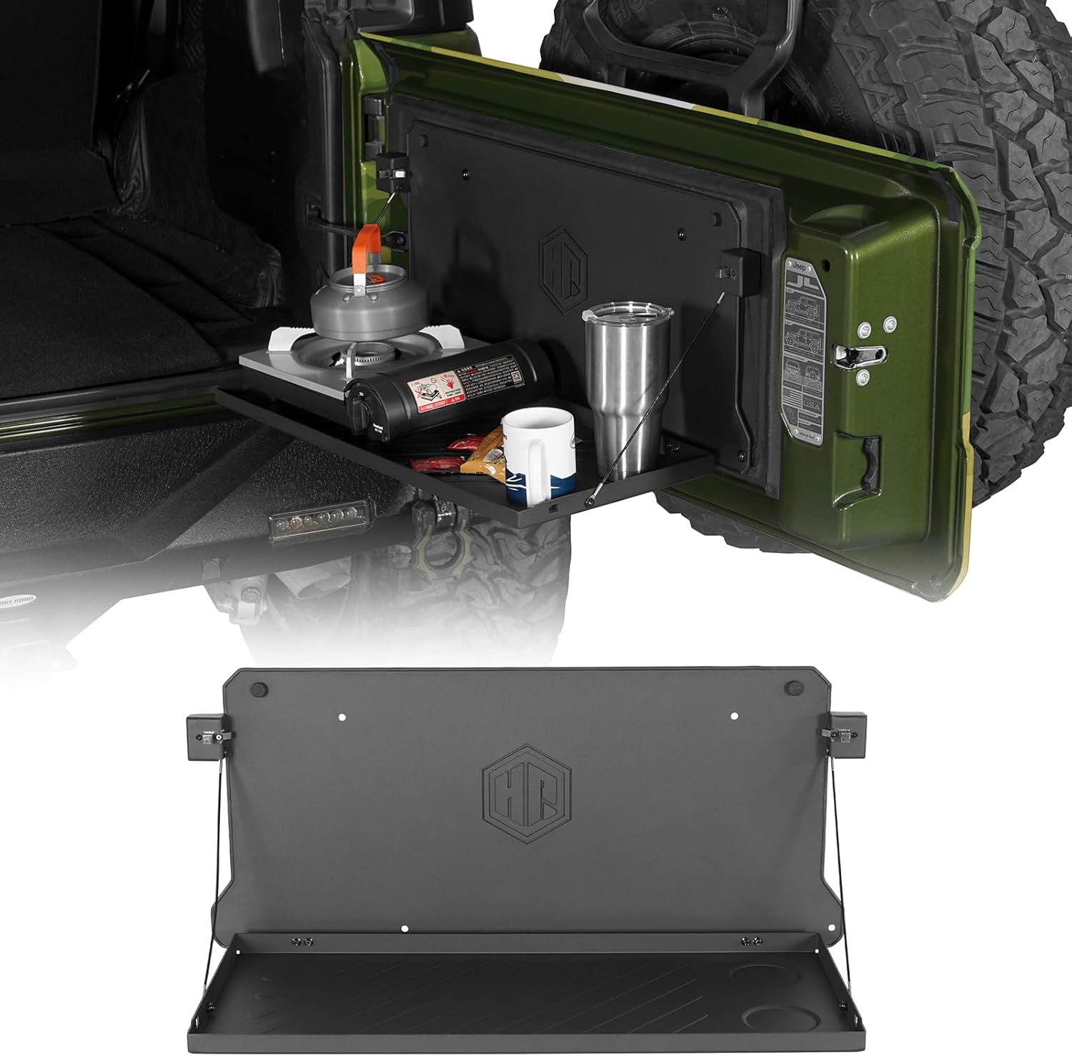 Hooke Road Tailgate Foldable Table Cargo Shelf for 2018-2026 Jeep Wrangler JL JLU Unlimited 2/4 Doors, Rear Door Storage Rack, Sturdy Camping Prep Table, Overlanding Trail Gear Platform