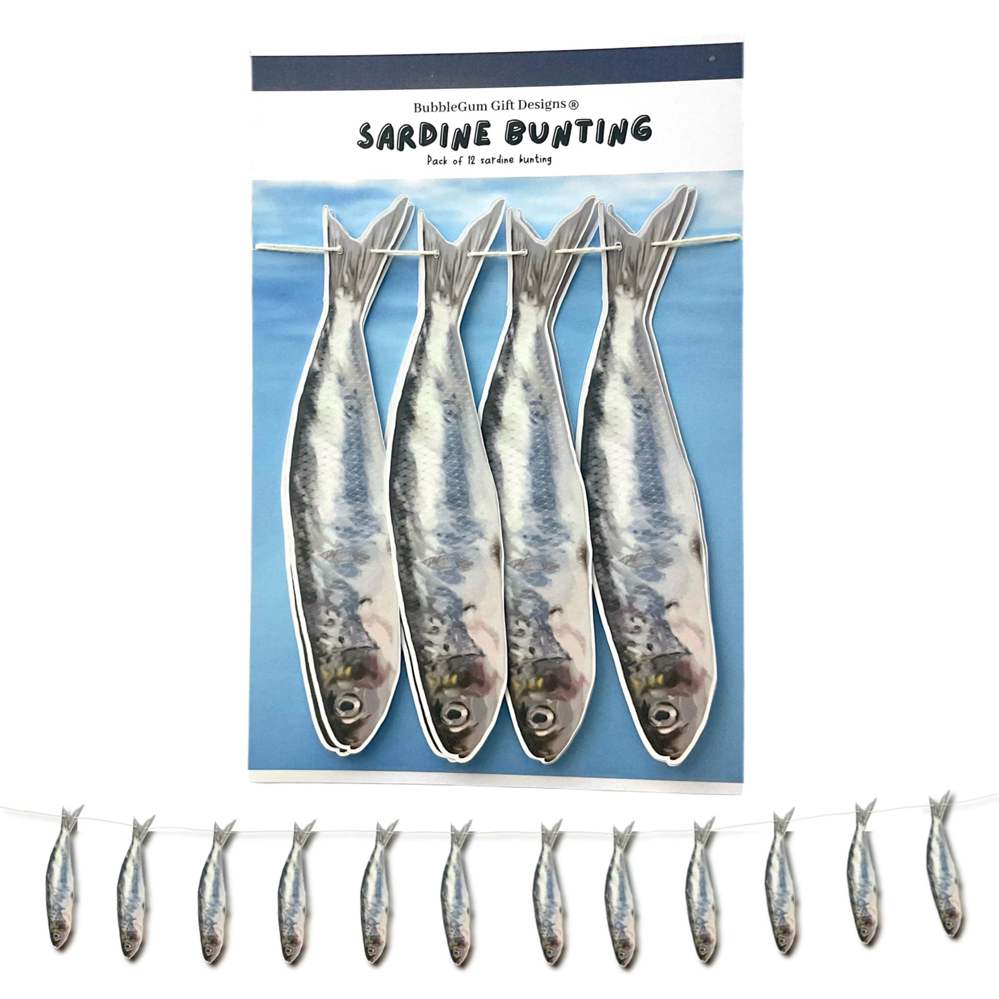Sardine decorations– 12 Piece Funny Seaside Fish Theme Party Decorations Hand Drawn Quirky Birthday Bunting