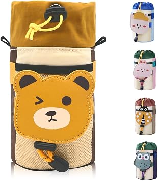 Cute Animals Bike Water Bottle Holder with Shoulder Straps, Universal Cycling Bicycle Drink Cup Cage for Kids, Cruiser, Scooter, MTB, Road Bike Bear