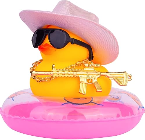 Pato vaquero para automóviles, pato de goma para tablero de automóvil, accesorios de adorno de auto con mini sombrero de vaquero holográfico, collar