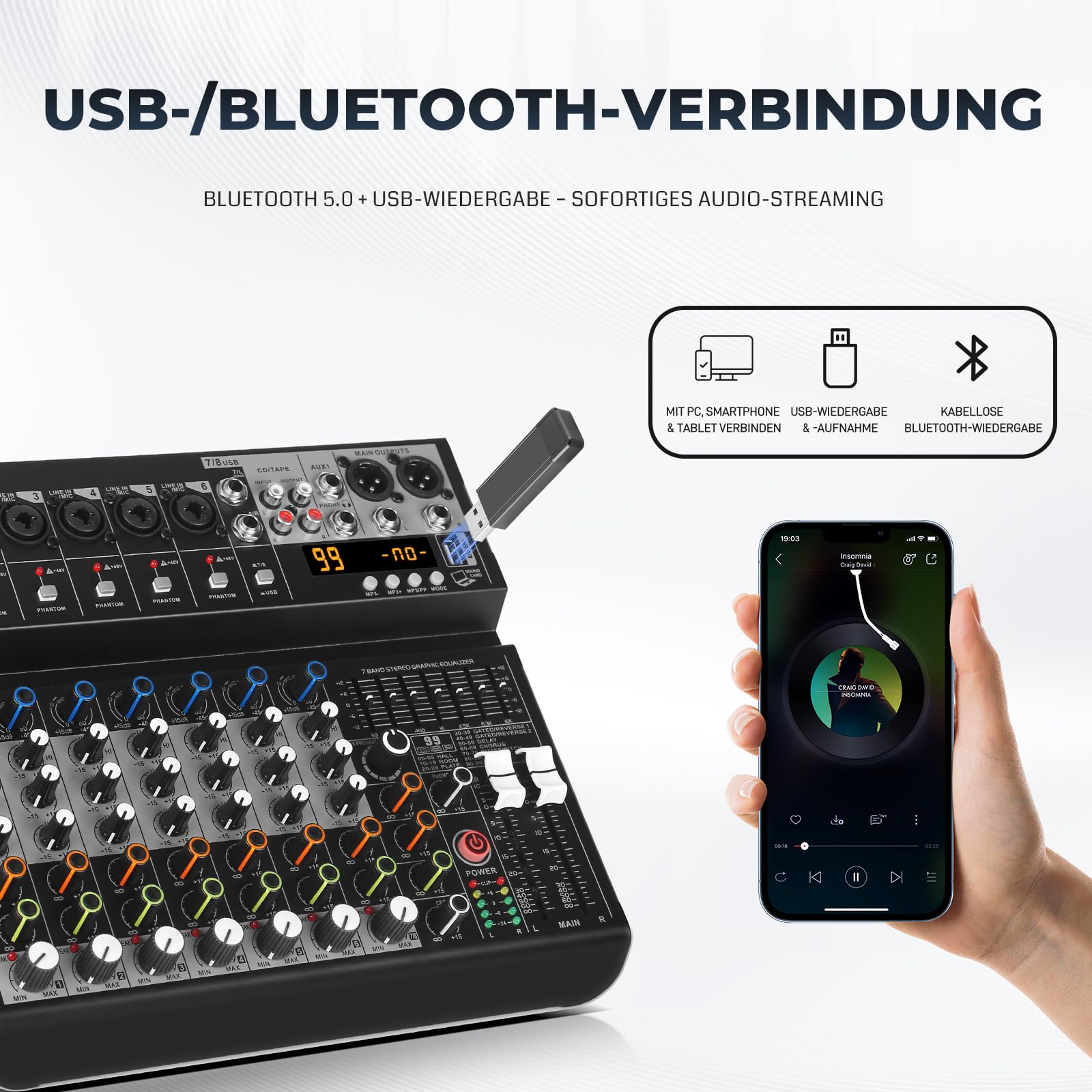 Table de mixage audio 8 canaux avec 99 DSP et égaliseur 7 bandes